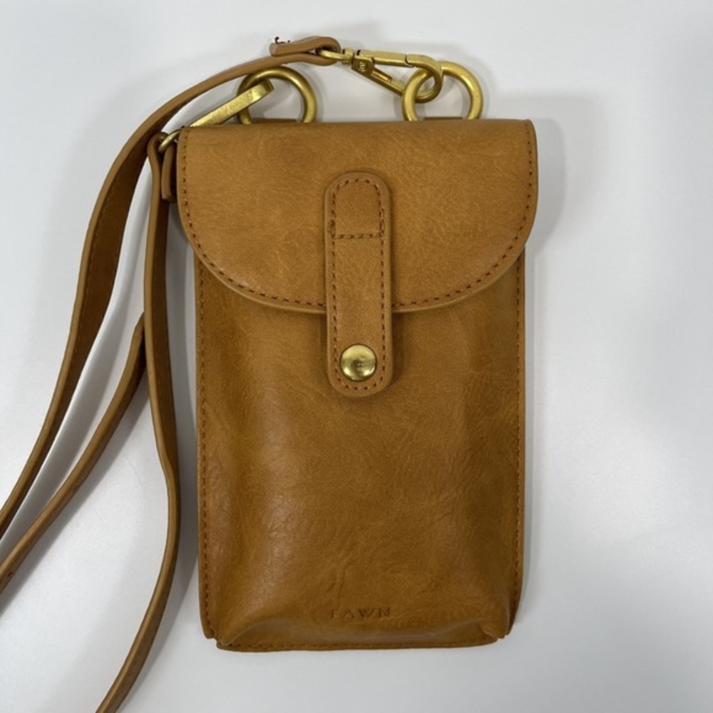 Fawn Camel Tan Mustard Vegan Crossbody Phone Purse‎ Gold Hardware